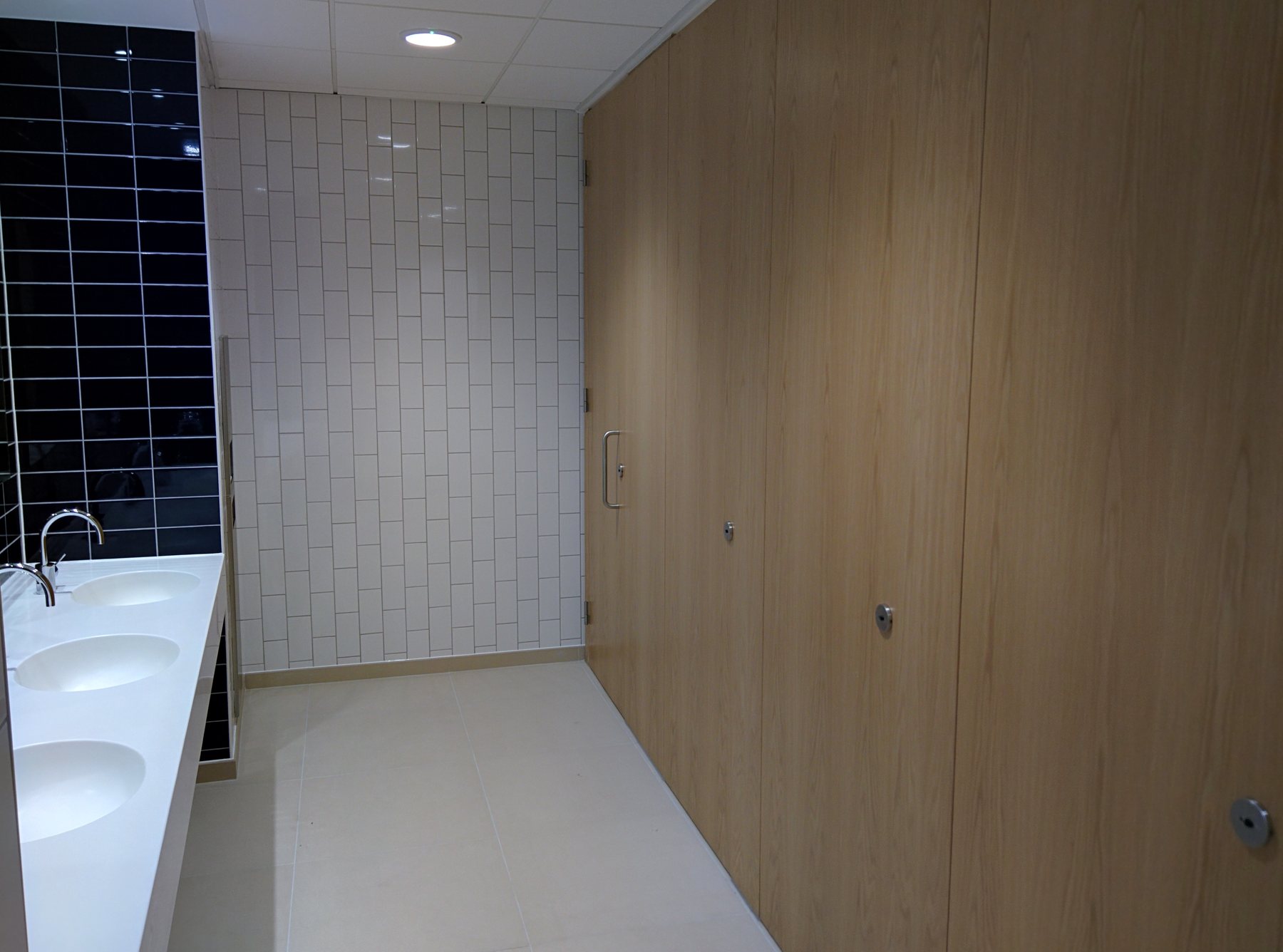 Timber-veneered toilet cubicles in a commercial washroom